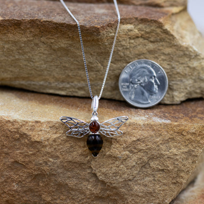 Amber Bumble Bee Pendant on Sterling Silver Chain