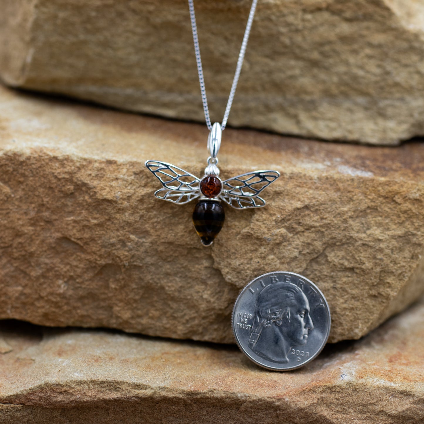 Amber Bumble Bee Pendant on Sterling Silver Chain