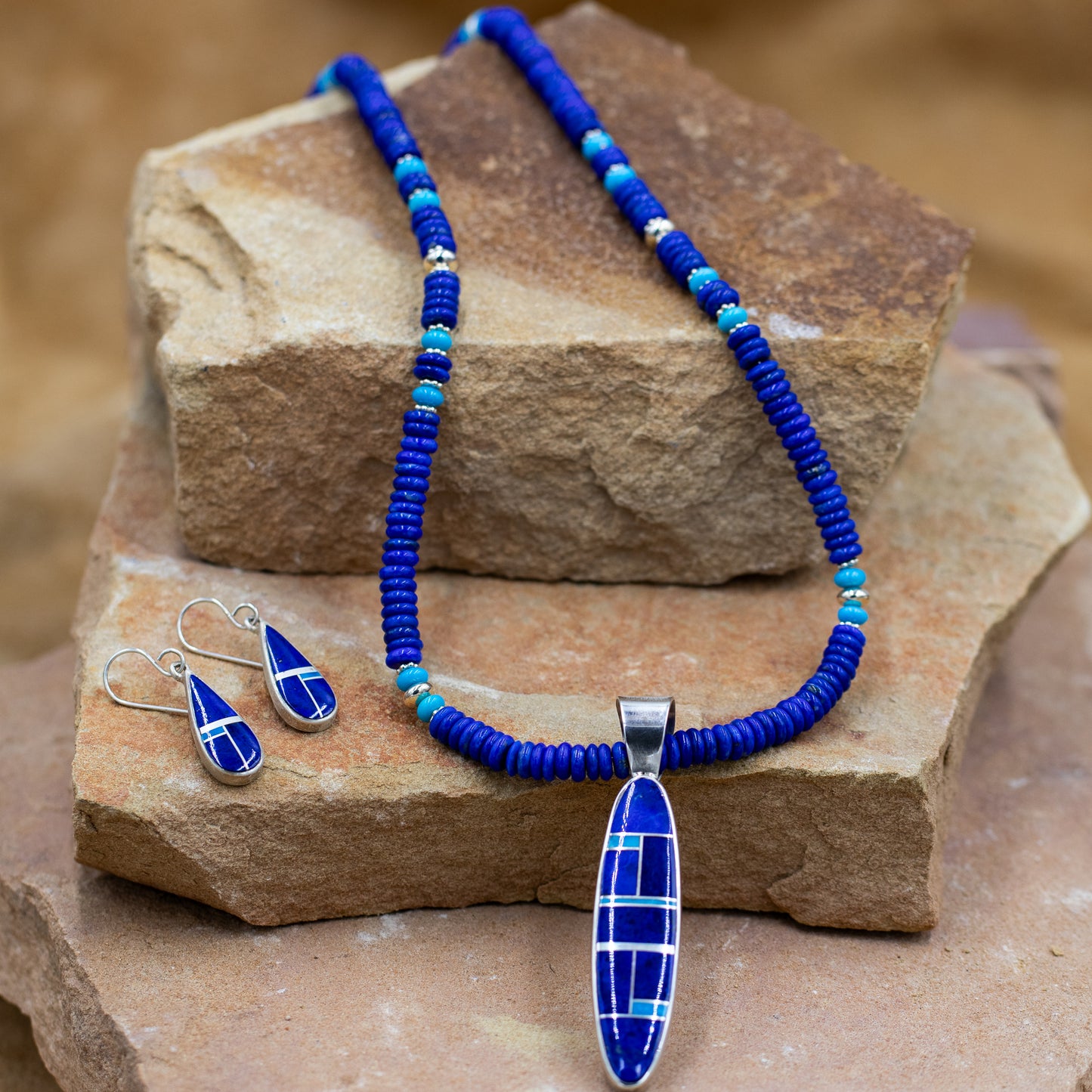 Lapis and Turquoise 5mm Beads with matching Lapis and Silver inlay Pendant Necklace and Earrings set by artist Rick Tolino