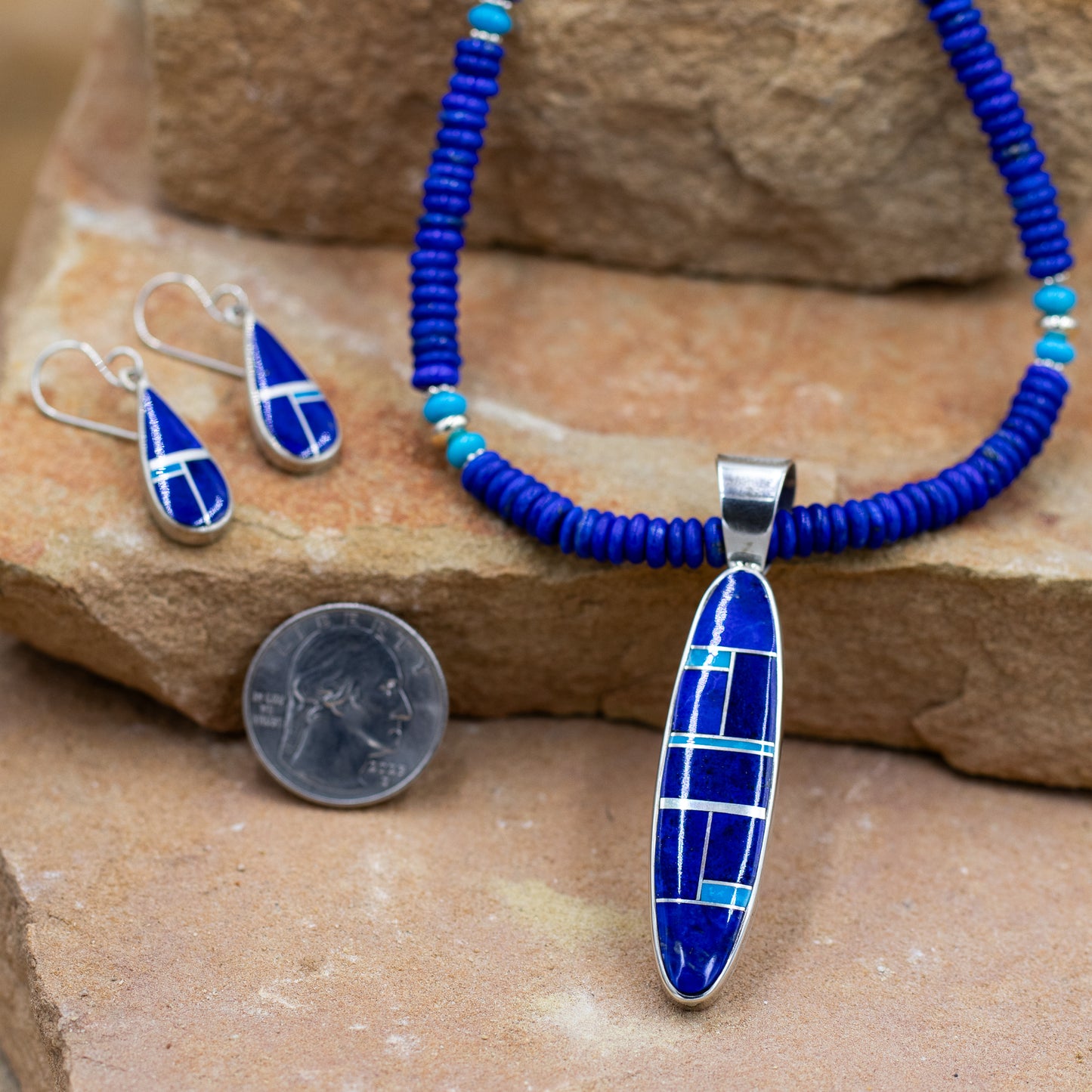 Lapis and Turquoise 5mm Beads with matching Lapis and Silver inlay Pendant Necklace and Earrings set by artist Rick Tolino