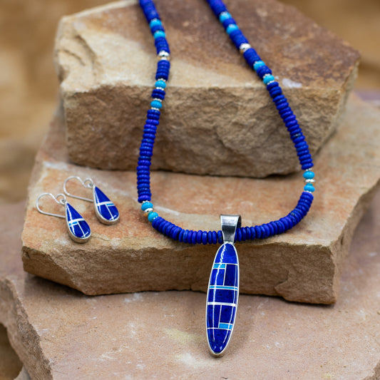 Lapis and Turquoise 5mm Beads with matching Lapis and Silver inlay Pendant Necklace and Earrings set by artist Rick Tolino