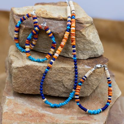 Necklace Set Sleeping Beauty Turquoise, Lapis and Orange Spiny Oyster Southwestern Style Necklace with matching Bracelet and Hoop Earrings set