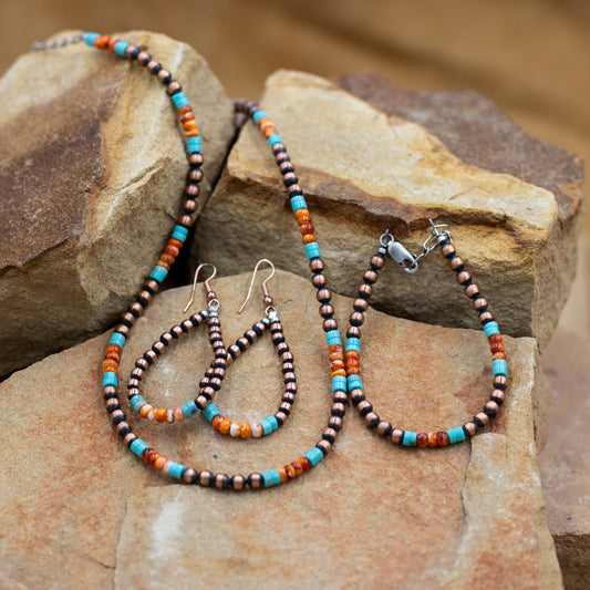 Copper 4mm Pearl with Turquoise & Orange Spiny Oyster 18" Necklace Set