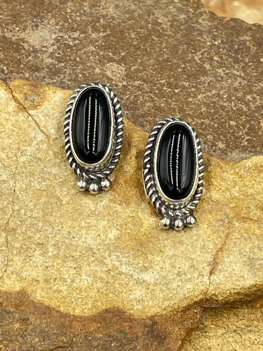 Sterling Silver Rope Edge Black Onyx Post Earrings signed by the artist