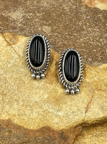Sterling Silver Rope Edge Black Onyx Post Earrings signed by the artist