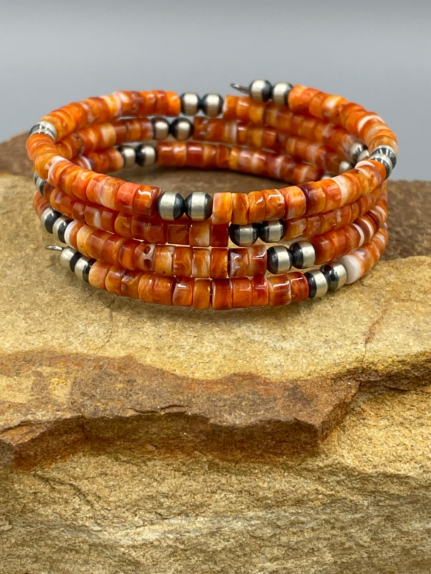 Sterling Silver 4mm Pearls with Natural Orange Spiny Oyster 4mm beads