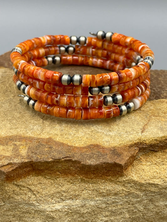 Sterling Silver 4mm Pearls with Natural Orange Spiny Oyster 4mm beads