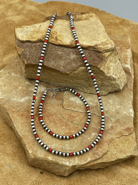 Natural Red Coral Sterling Silver Pearl Necklace Set