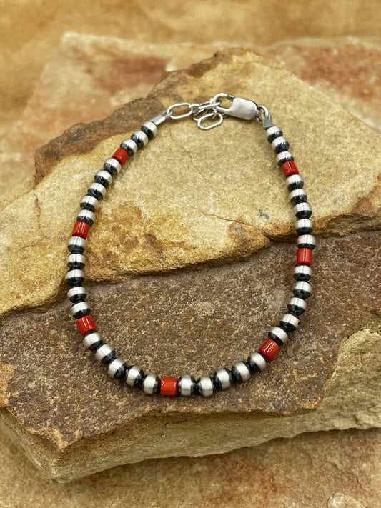 Red Coral Sterling Silver 4mm Pearl Bracelet