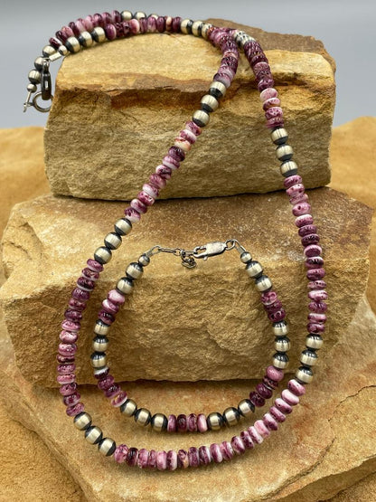 Sterling Silver 6mm Pearls and Purple Spiny Oyster 22"Necklace Set
