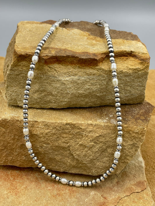 Sterling Silver 4mm Pearls & Freshwater Pearl 16"necklace
