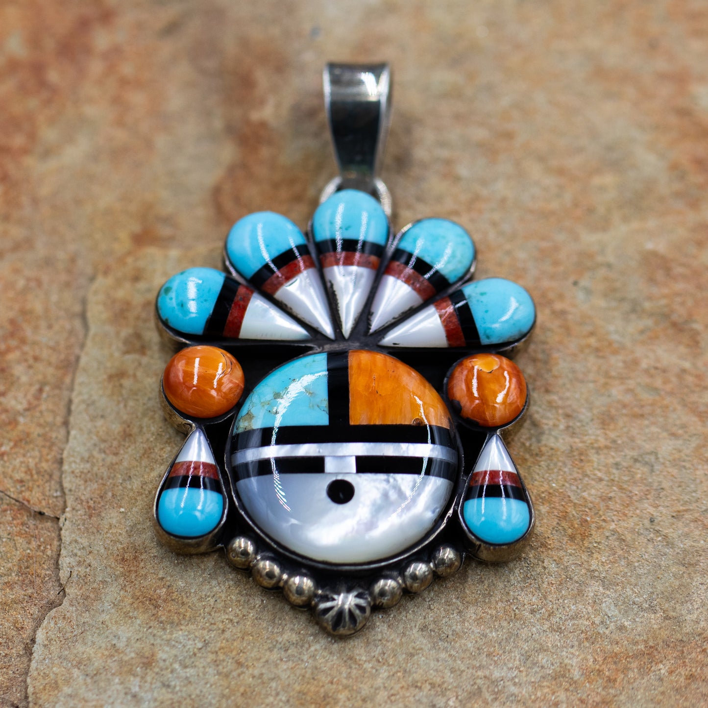 Sterling Silver Multi Stone Sunface Southwestern Inlay Pendant by Nizhoni Traders