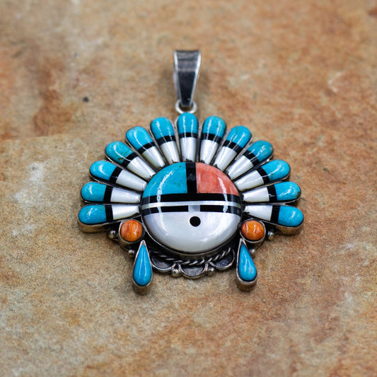 Sterling Silver Multi Stone Sunface Southwestern Inlay Pendant by Nizhoni Traders