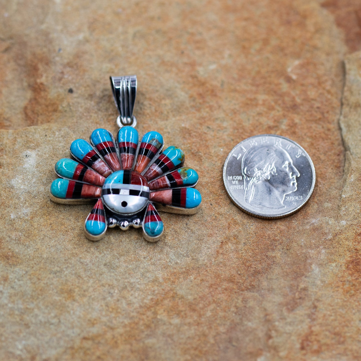 Sterling Silver Multi Stone Sunface Southwestern Inlay Pendant by Nizhoni Traders