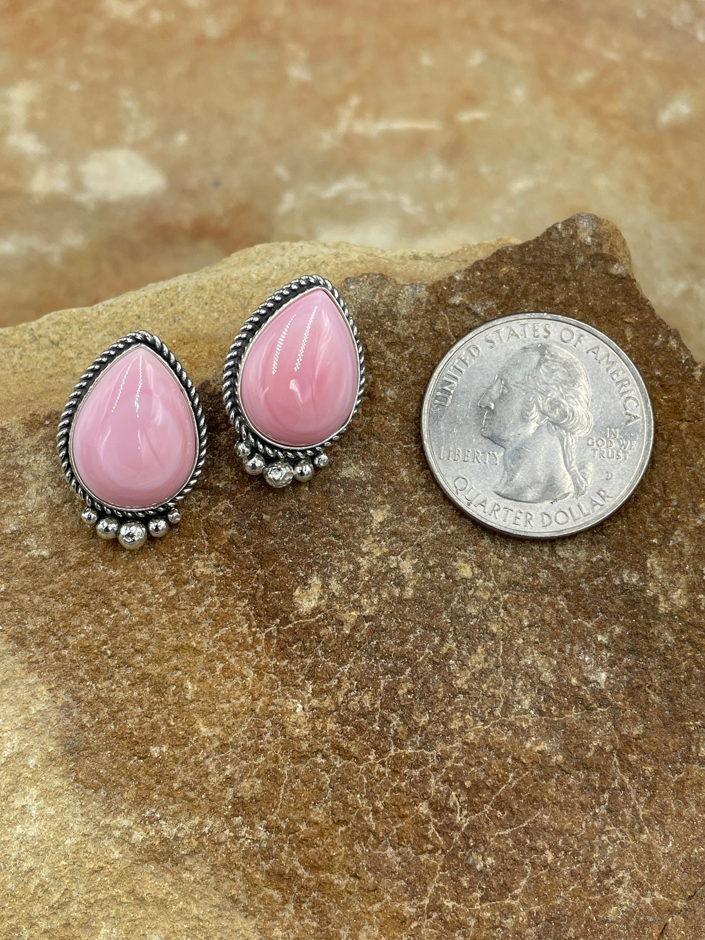 Pink Conch and Sterling Silver Post Earrings signed by Alice Platero