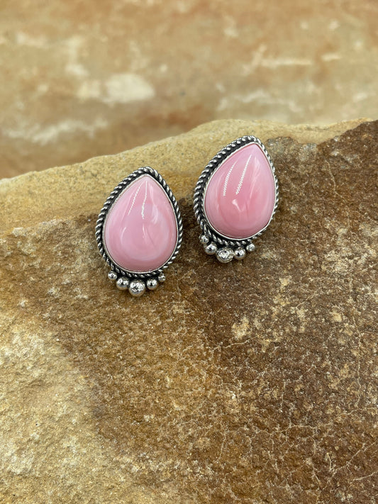 Pink Conch and Sterling Silver Post Earrings signed by Alice Platero
