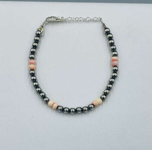 Sterling Silver 4mm Pearls Pink Conch Bracelet