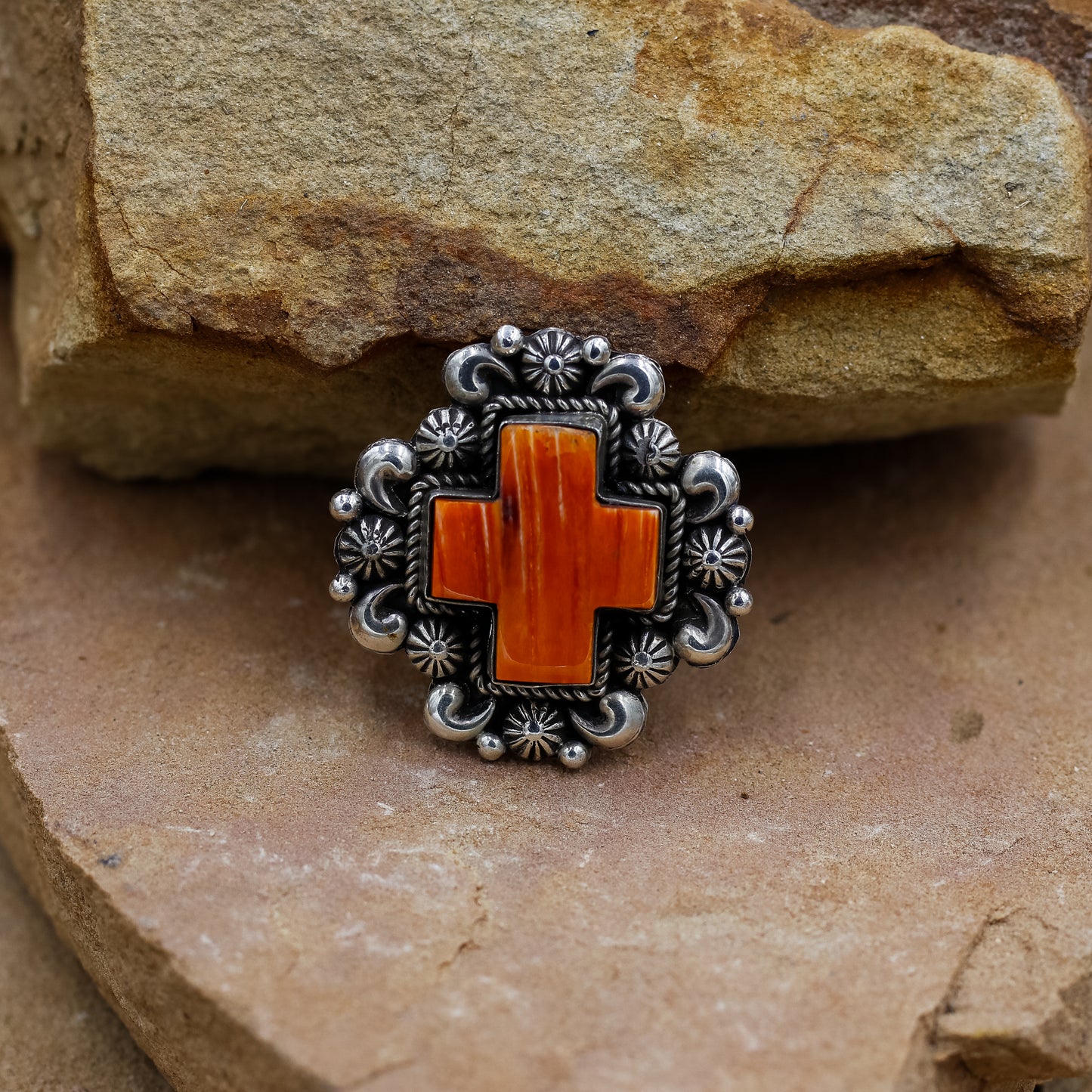 Orange Spiny Oyster Cross in a Sterling Silver Ring by Richard C. Jim