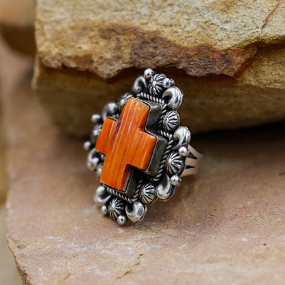 Orange Spiny Oyster Cross in a Sterling Silver Ring by Richard C. Jim