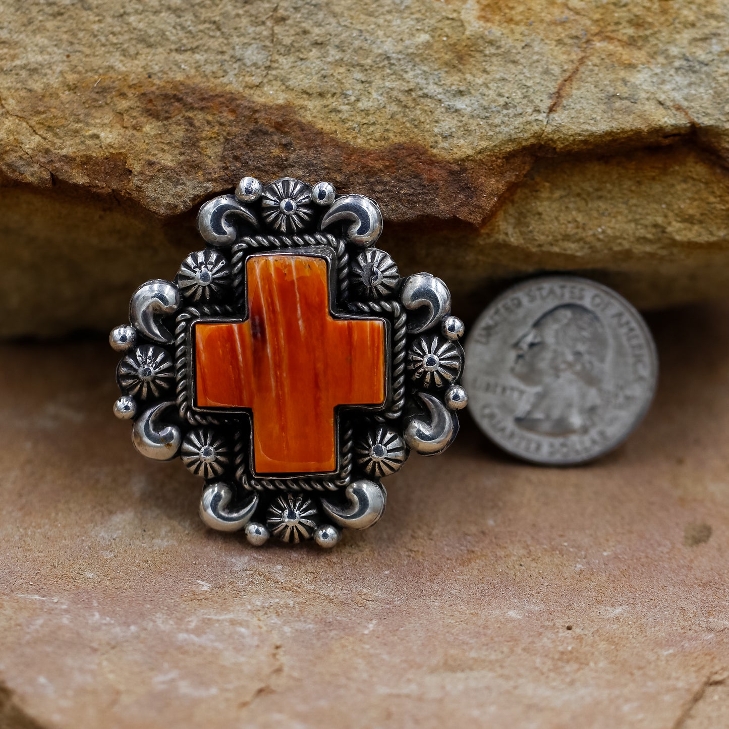 Orange Spiny Oyster Cross in a Sterling Silver Ring by Richard C. Jim