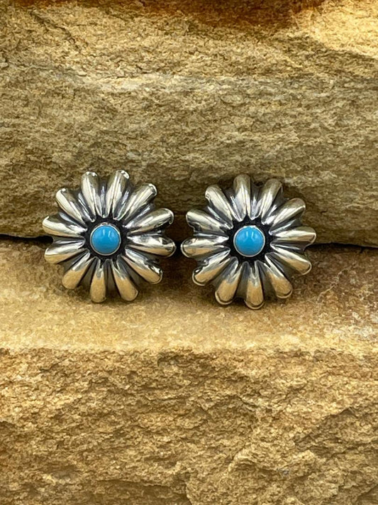 Sterling Silver Concho with Kingman Turquoise Post Earrings