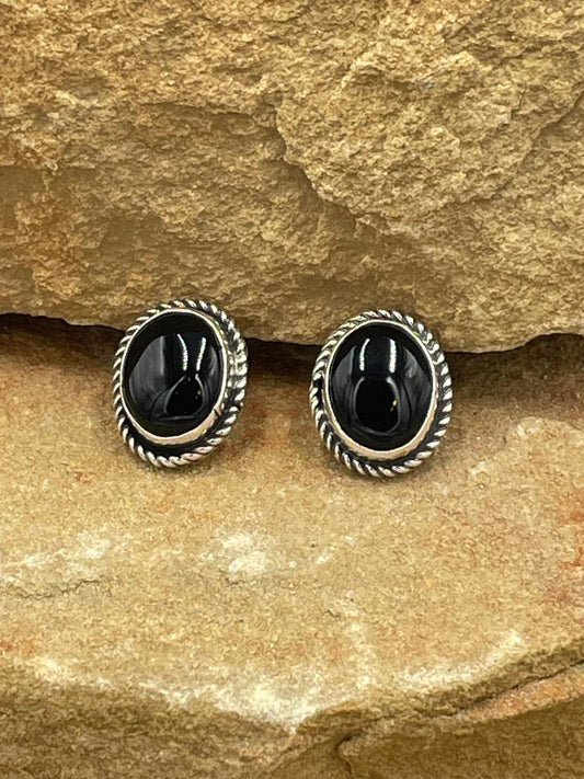 Sterling Silver Rope Edge Black Onyx Post Earrings Signed by Artist Willie