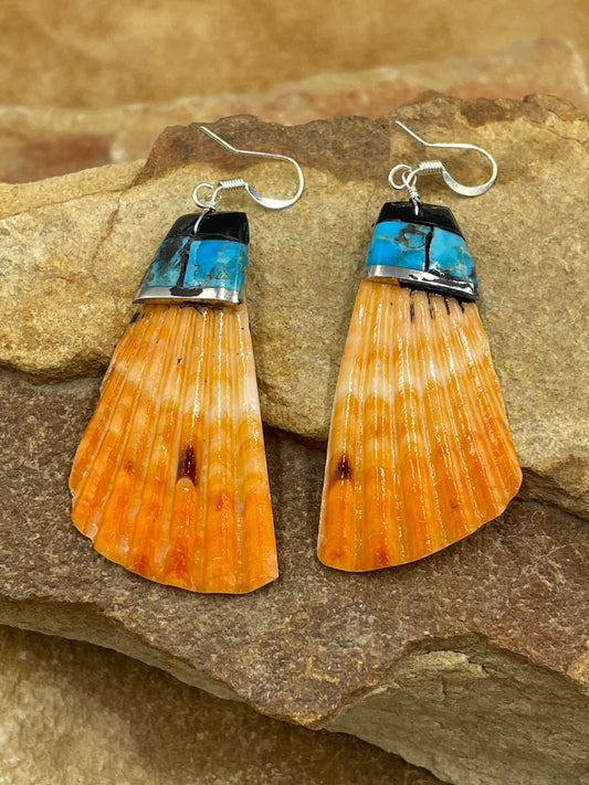 Orange Spiny Oyster and Turquoise Inlay Santa Domingo Earrings