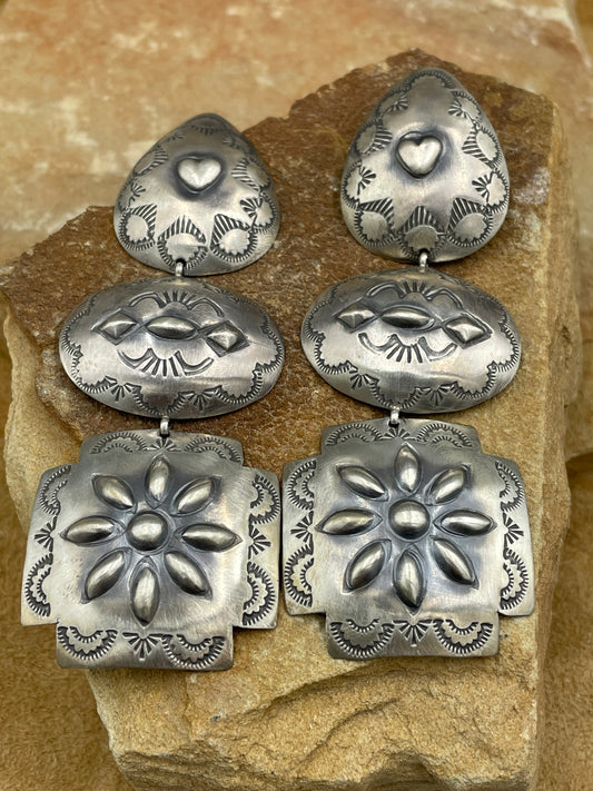 Beautiful Sterling Silver Repoussé Triple Concho Dangle Earrings Signed by the artist Rita Lee.
