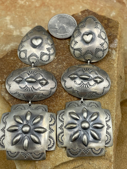 Beautiful Sterling Silver Repoussé Triple Concho Dangle Earrings Signed by the artist Rita Lee.