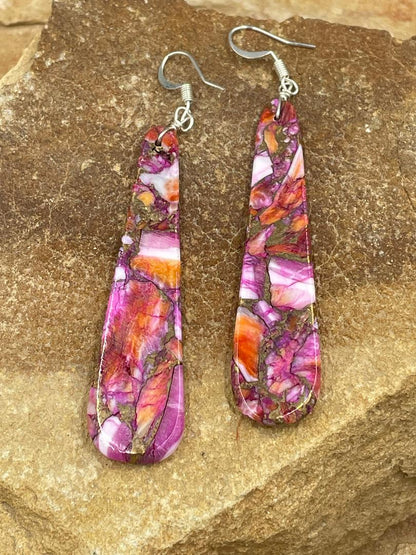 Pink Dahlia Slab Sterling Dangle Earrings