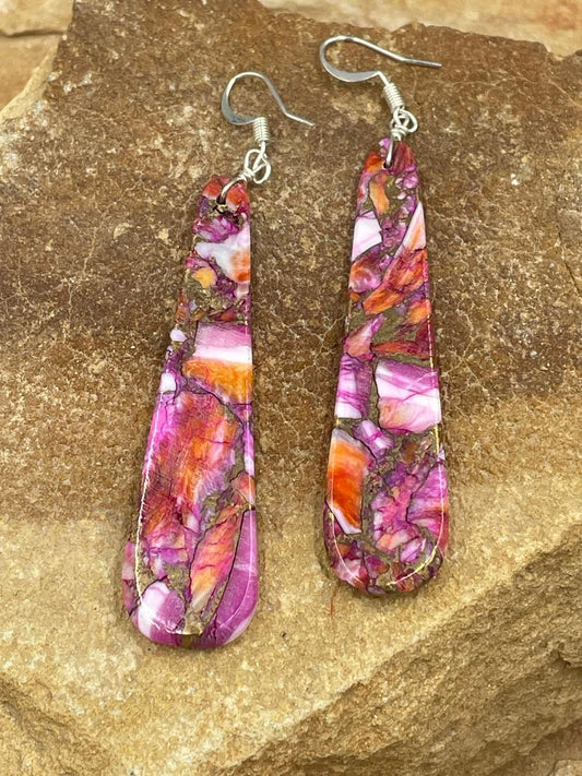 Pink Dahlia Slab Sterling Dangle Earrings