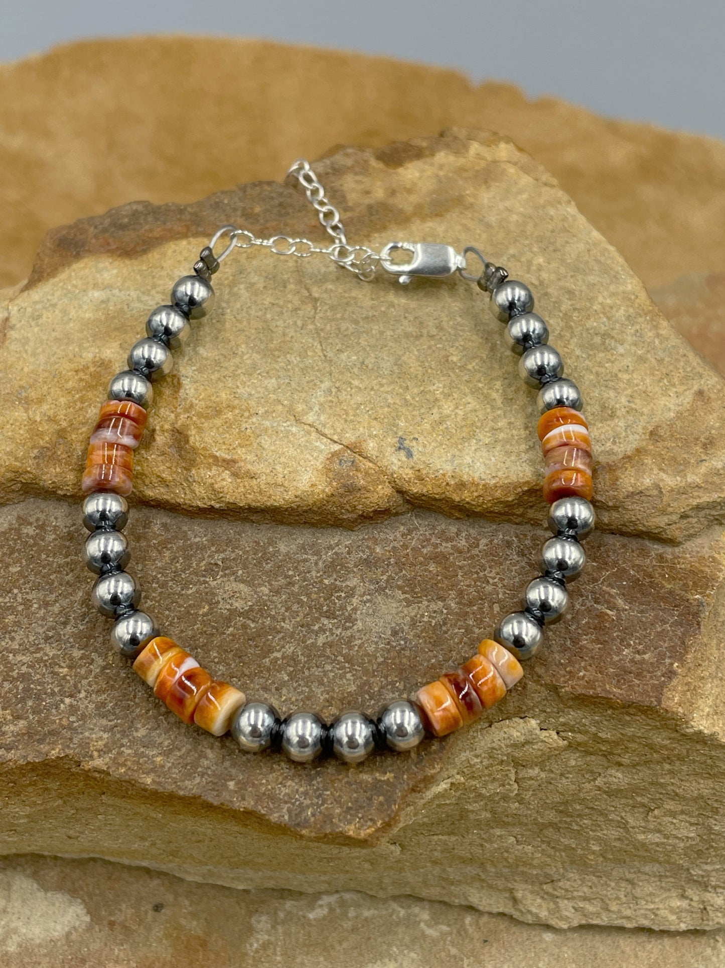 Orange Spiny Oyster with Sterling Silver Pearl 5mm Bracelet