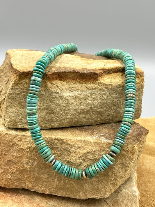 Sterling Silver 6mm Saucer Beads and 8mm Kingman Turquoise Beads 15" Choker necklace