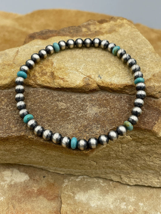 Campitos Turquoise and Sterling Silver Pearl Stretch Bracelet
