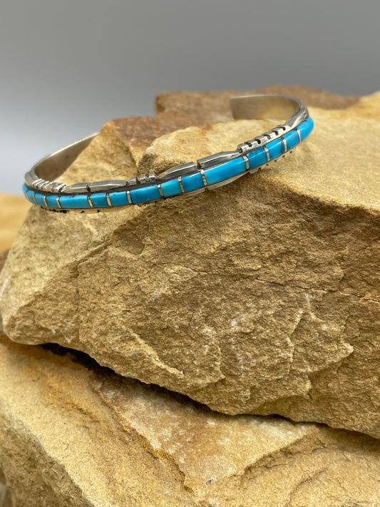 Zuni Turquoise Inlay Sterling Silver Stamped Cuff bracelet