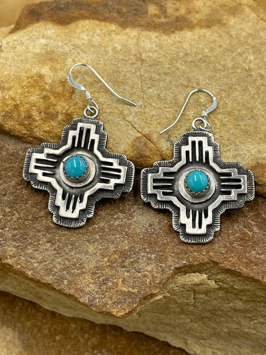 Sterling Silver Zia with Kingman Turquoise Earrings