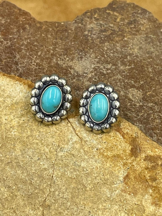 Sterling Silver Dotted Edge Turquoise Post Earrings