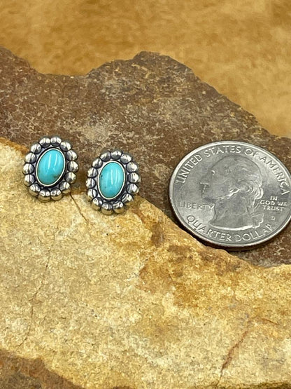 Sterling Silver Dotted Edge Turquoise Post Earrings