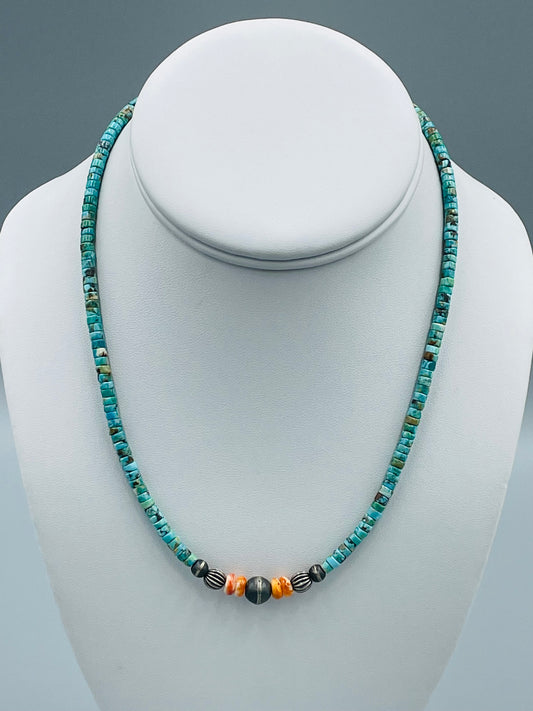Turquoise Heishi Orange Spiny Shell Beaded Necklace