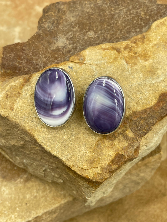 Dark Purple Wampum Shell Post Earrings in Sterling Silver by artist Edison Smith