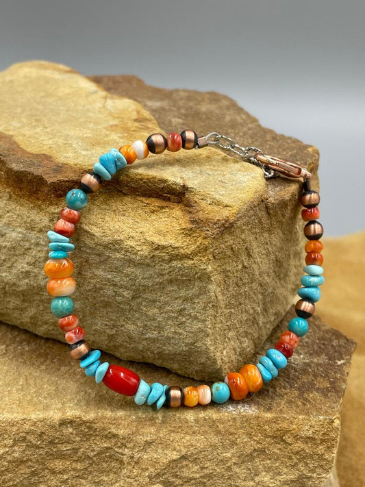 Copper Natural Turquoise, Orange Spiny Oyster and Coral Beaded Bracelet