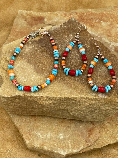 Copper Natural Turquoise, Orange Spiny Oyster and Coral Beaded Bracelet