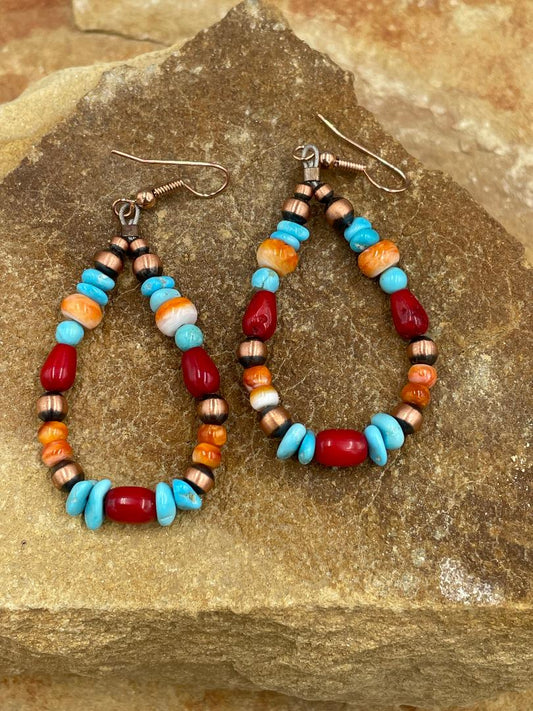 Copper Multi Hoop Kingman Turquoise, Orange Spiny Oyster and Coral earrings