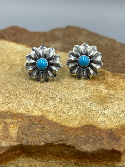Sterling Silver Stamped Flower Concho with Kingman Turquoise post earrings
