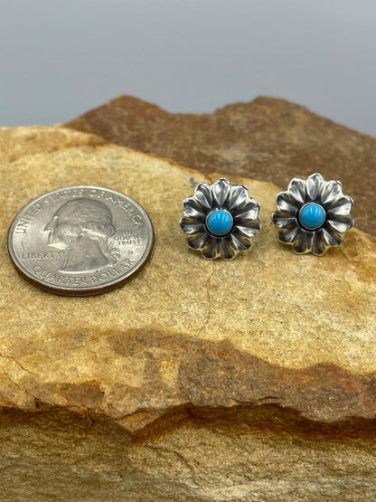 Sterling Silver Stamped Flower Concho with Kingman Turquoise post earrings