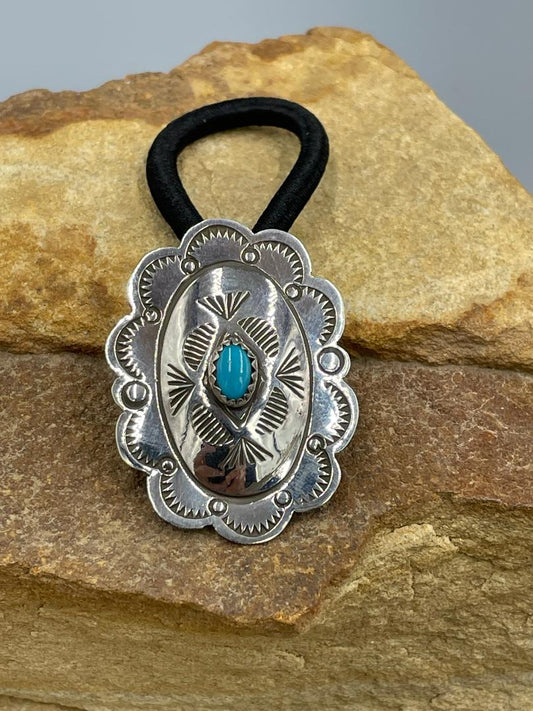 Sterling Silver Concho with Kingman Blue Turquoise Hair Tie by artist Bertha Begay