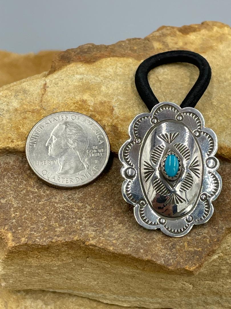 Sterling Silver Concho with Kingman Blue Turquoise Hair Tie by artist Bertha Begay