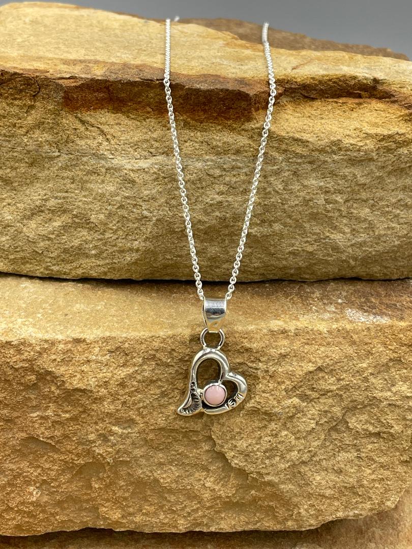 Sterling Silver Heart with Pink Conch Necklace 18" signed by artist