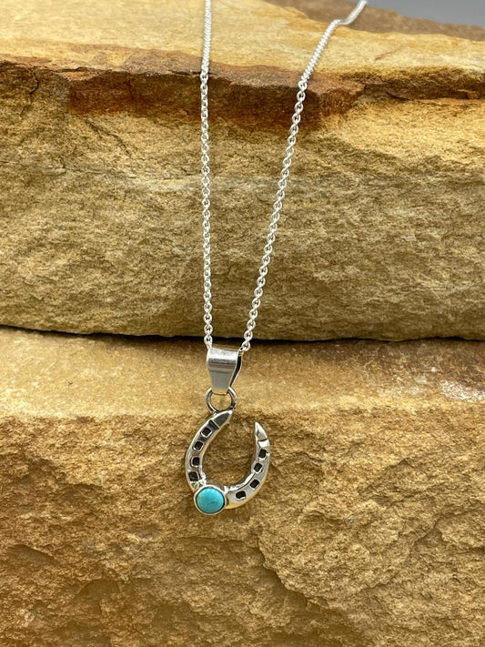 Sterling Silver Horseshoe with Kingman Turquoise Necklace 18" signed by artist