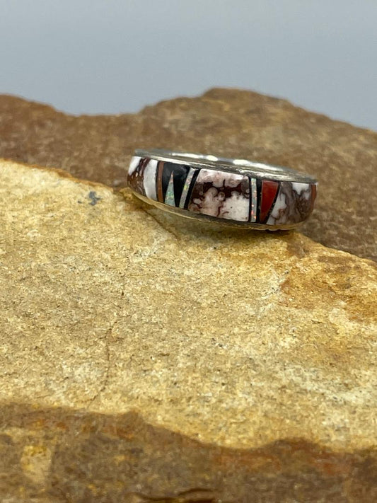 Natural Wild Horse, Coral and Opal Inlay Ring size 7